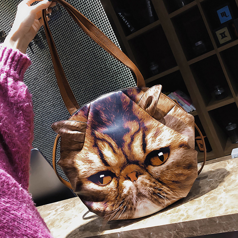  Fashion Cat Head Printed Brown PU Crossbody Bag