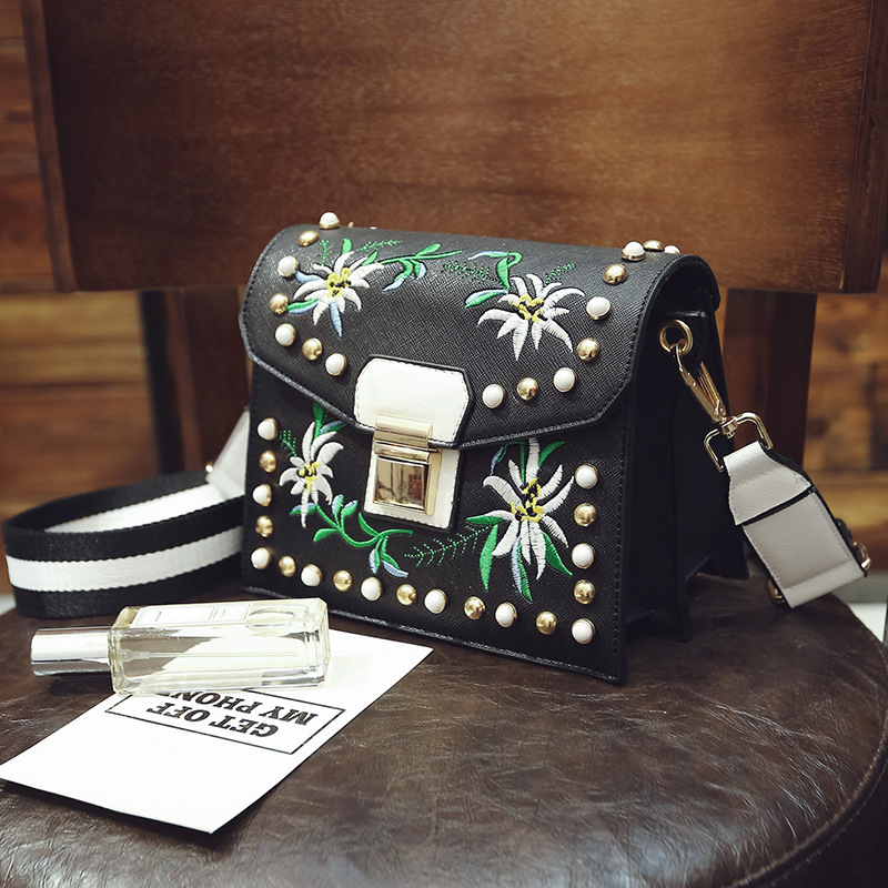  Fashion Embroidery Flower Decorative Black PU Crossbody Bag