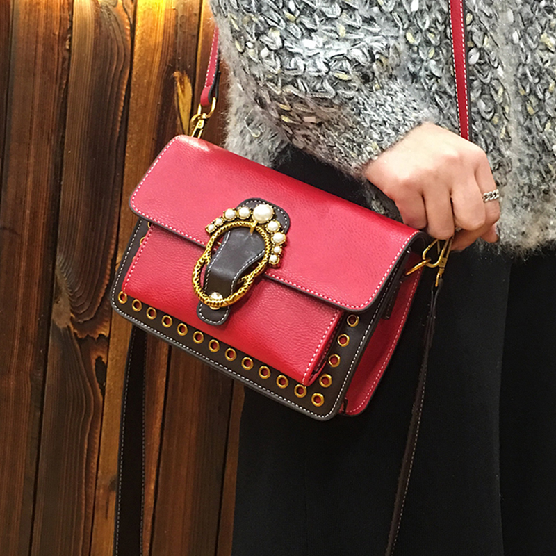  Fashion Pearl Decorative Red Leather Crossbody Bag