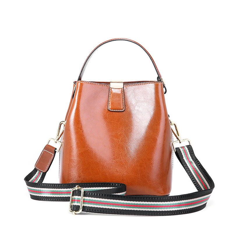 Leather Women's bag with fashionable waxy leather bucket bag handbag shoulder bag #95103