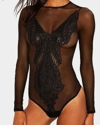  Sexy Round Neck Embroidered Design See-Through Black Lace Teddies