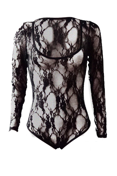  Sexy U Neck See-Through Black Lace One-piece Jumpsuits