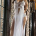 Cheap Sexy V Neck Splits Design Hollow-out White Polyester Babydoll Dress+Thong