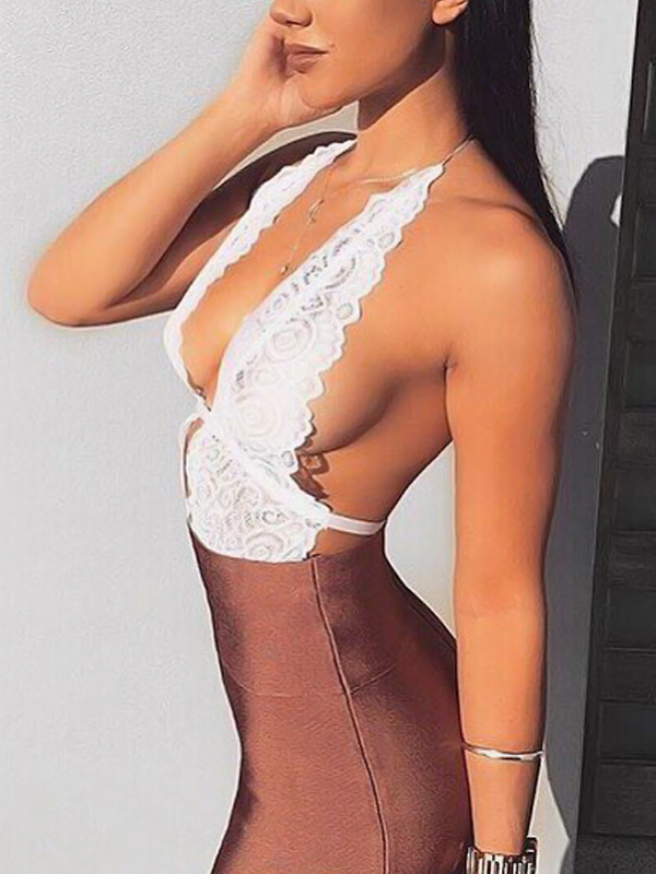 Sexy Deep V Neck White Lace One-piece Jumpsuits