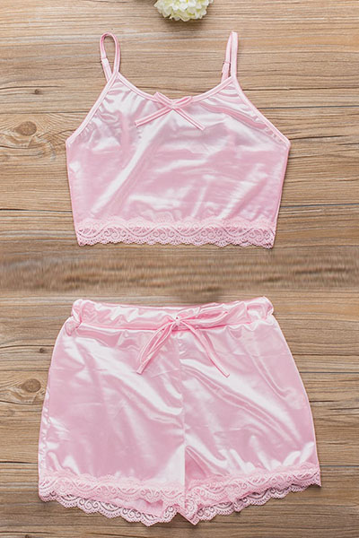 Sexy Spaghetti Strap Sleeveless Backless Pink Polyester Two-piece Shorts Set