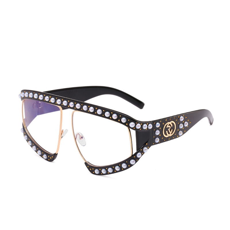  Fashion Pearl Trim Big Frame Design Black PC Sunglasses