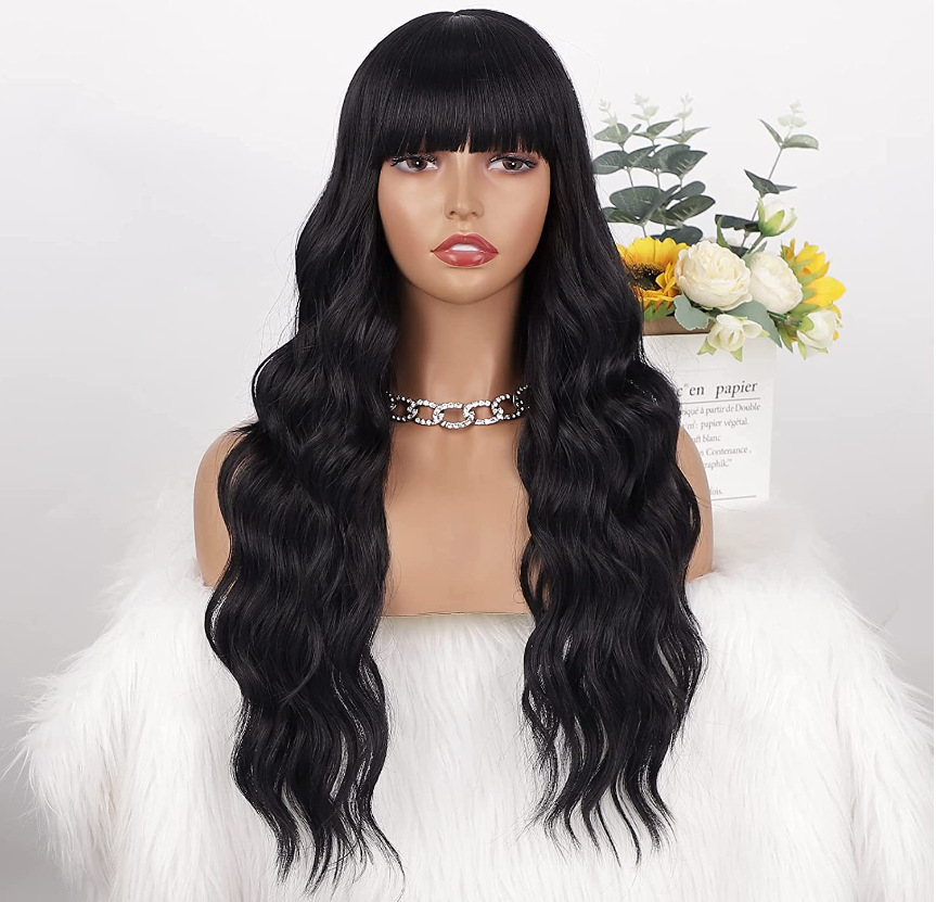 European and American wigs for women with long curly hair large waves straight bangs black machine-made synthetic fiber headwear wigs #95146