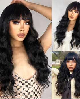 European and American wigs for women with long curly hair large waves straight bangs black machine-made synthetic fiber headwear wigs #95147