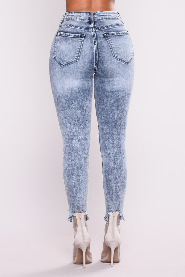  Euramerican High Waist Broken Holes Zipper Design Dark Blue Denim Pants