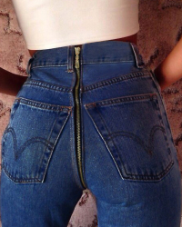  Euramerican High Waist Zipper Design Deep Blue Denim Jeans