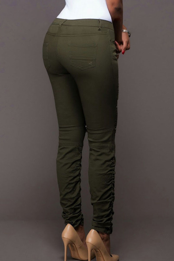  Euramerican High Waist Zipper Design Green Cotton Blends Pants