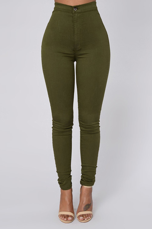  Euramerican High Waist Zipper Design Green Denim Pants