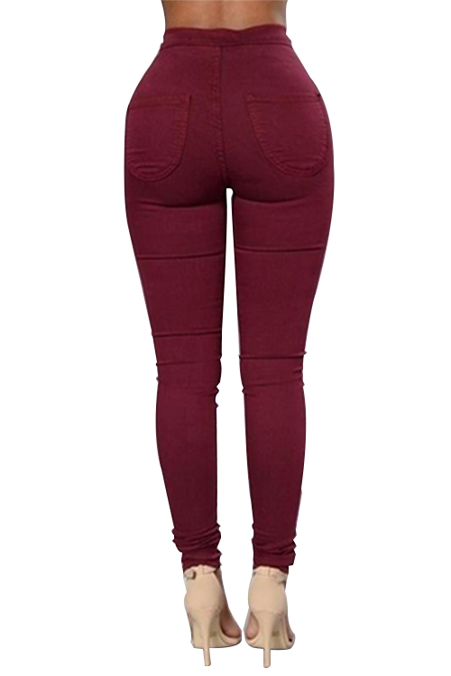  Euramerican High Waist Zipper Design Wine Red Denim Pants