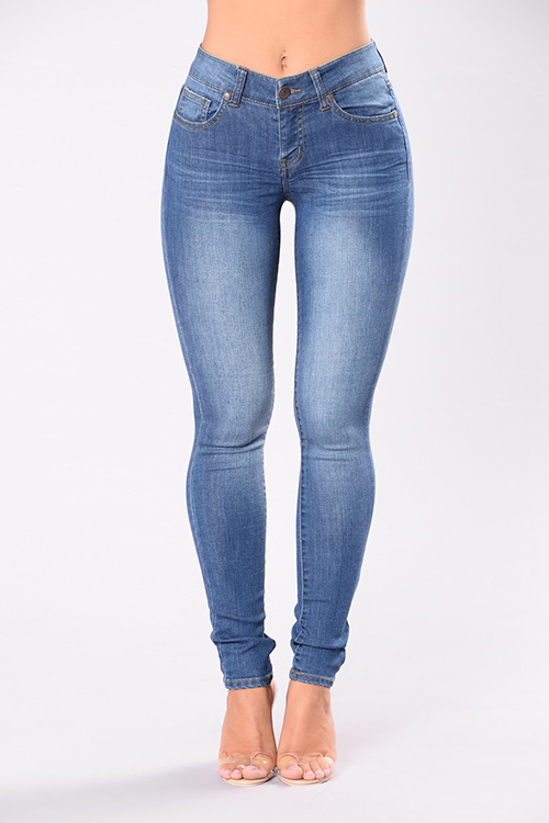  Fashion Mid Waist Blue Denim Zipped Jeans