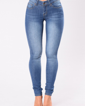  Fashion Mid Waist Blue Denim Zipped Jeans