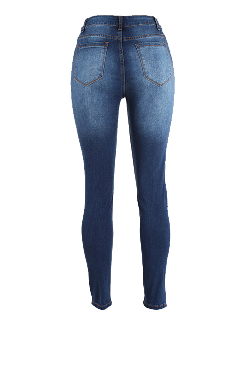  Fashion Mid Waist Broken Holes Blue Denim Zipped Jeans