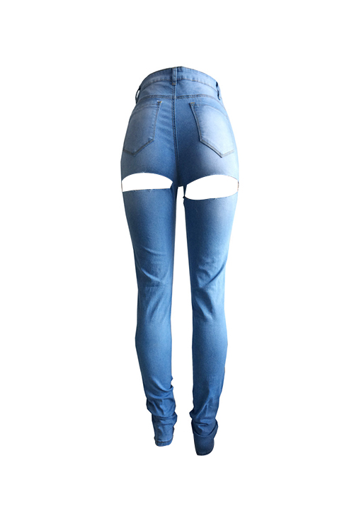  Fashion Mid Waist Broken Holes Light Blue Denim Zipped Jeans