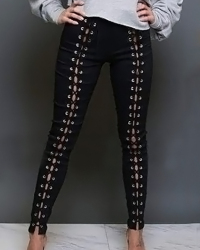  Fashionable High Waist Lace-up Hollow-out Black Denim Pants