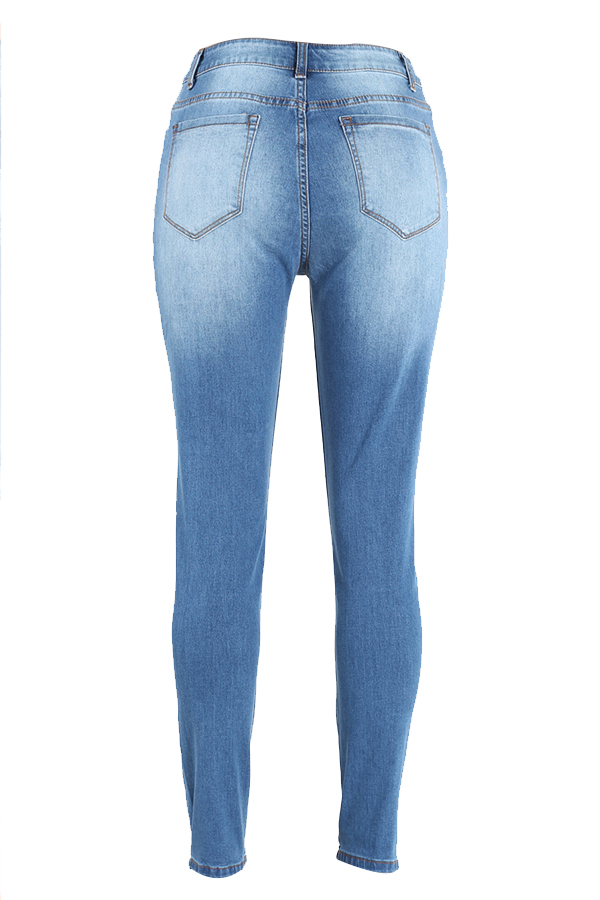  Fashionable Mid Waist Broken Holes Blue Denim Zipped Pants
