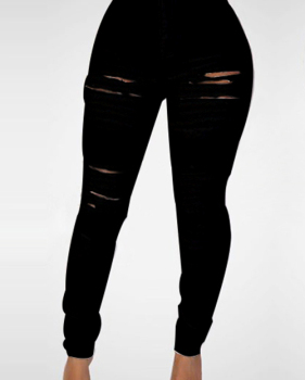  Trendy High Waist Broken Holes Black Denim Skinny Jeans