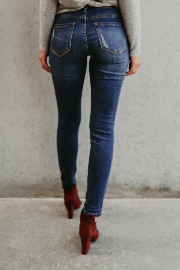  Trendy High Waist Broken Holes Blue Denim Jeans