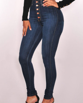  Trendy High Waist Button Design Dark Blue Denim Jeans