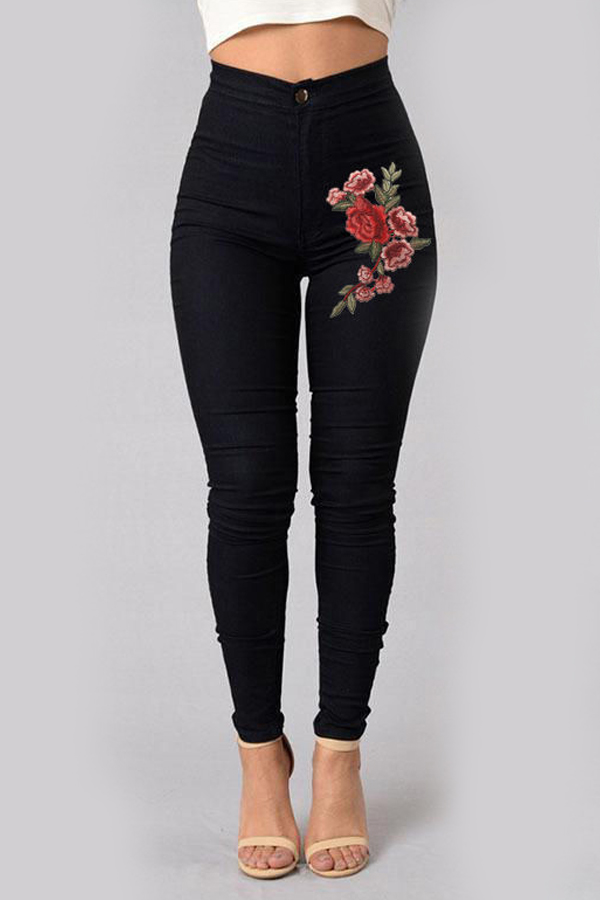  Trendy High Waist Embroidered Design Black Denim Pants