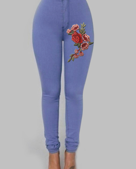  Trendy High Waist Embroidered Design Blue Denim Pants