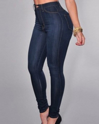  Trendy High Waist Zipper Design Deep Blue Denim Jeans