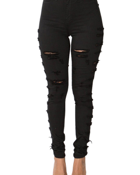  Trendy Mid Waist Broken Holes Black Denim Zipped Jeans