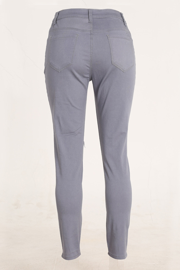  Trendy Mid Waist Broken Holes Grey Denim Pants