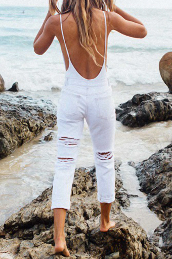  Trendy Mid Waist Broken Holes White Denim Jeans
