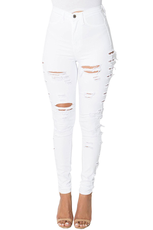  Trendy Mid Waist Broken Holes White Denim Zipped Jeans