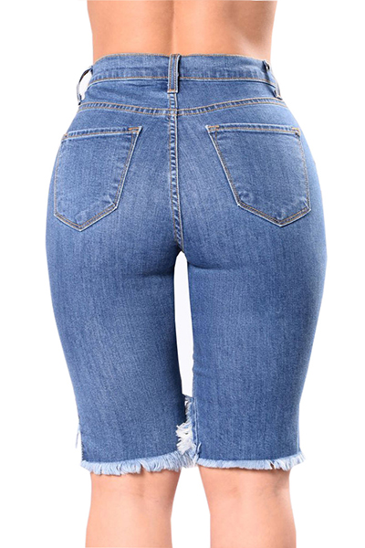 Cotton Solid Zipper Fly High Regular Capris Jeans