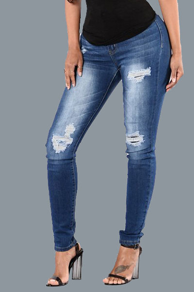 Euramerican High Waist Broken Holes Cotton Jeans