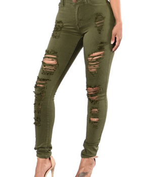 Euramerican High Waist Holes Design Green Cotton Jeans