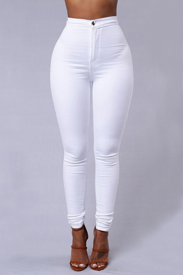 Euramerican High Waist Zipper Design White Denim Pants