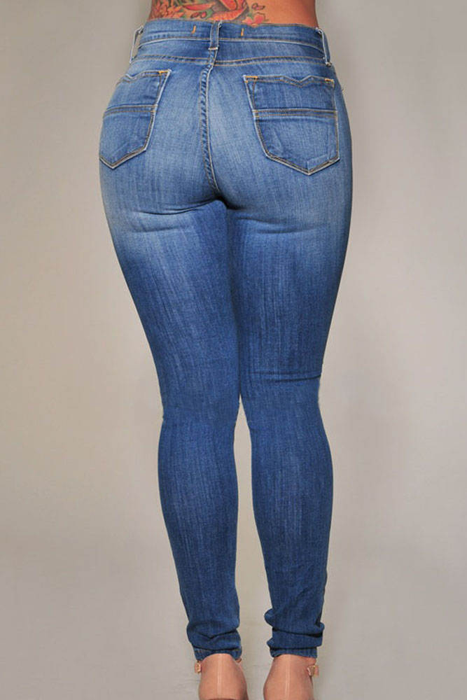 Fashion Mid Waist Broken Holes Blue Polyester Skinny Pants