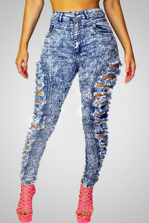 Hot ! Womens Broken Hole Ripped Stylish High-Waisted Skinny Ripped Jeans