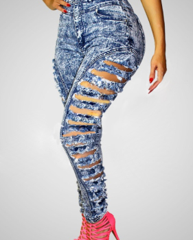Hot ! Womens Broken Hole Ripped Stylish High-Waisted Skinny Ripped Jeans