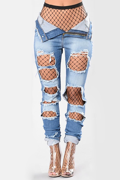 Stylish High Waist Broken Holes Blue Denim Jeans