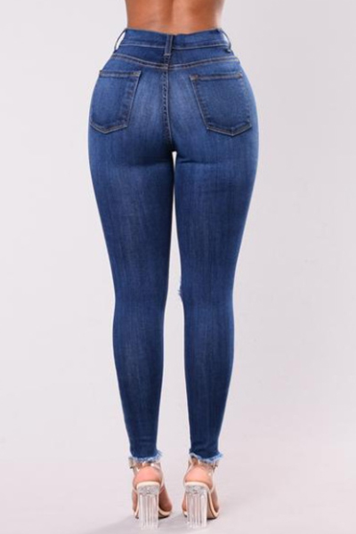 Stylish High Waist Broken Holes Dark Blue Cotton Jeans