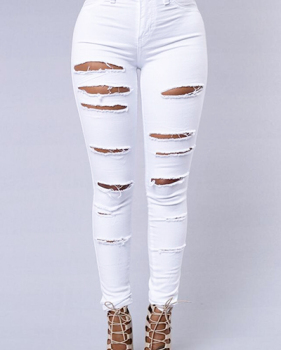 Stylish High Waist Broken Holes White Cotton Blends Skinny Pants Jeans