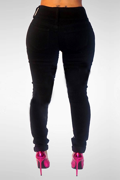 Stylish High Waist Sequined Decorative Black Denim Jeans