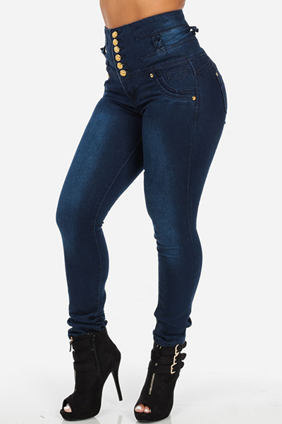 Stylish High-Waisted Button Fly Design Blue Denim Skinny Jeans