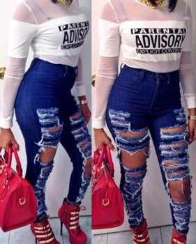 Stylish High-Waisted Hollow-out Design Blue Denim Jeans
