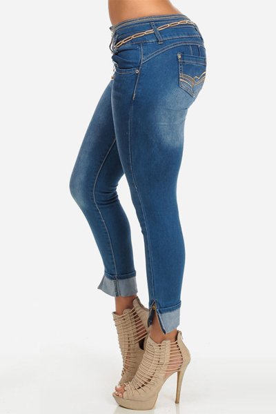 Stylish Mid Waist Zipper Design Blue Denim Skinny Jeans