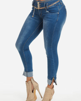 Stylish Mid Waist Zipper Design Blue Denim Skinny Jeans