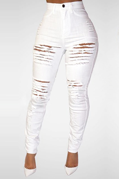 Trendy High Waist Broken Holes White Denim Skinny Jeans
