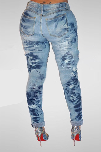 Trendy High Waist Tassel Hollow-out Light Blue Cotton Jeans